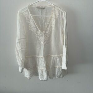 Zara White Embroidered V-Neck Peasant Blouse